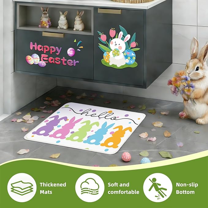 Easter Shower Curtain Set for Bathroom, Easter Bunnys Shape Bathroom Supplies for Bunny Accessories Decor Set, Non Slip Rugs Toilet Lid Cover U Shape Bath Mat and 12 Hooks