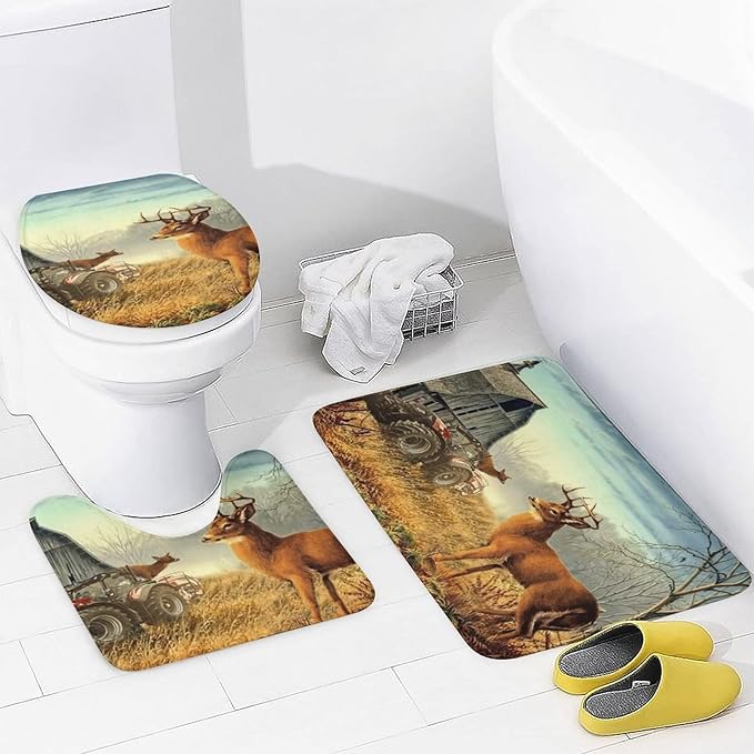 Vintage Deer Western Country Shower Curtain Sets with Rugs 4 Piece Accessories Bathroom Curtains Shower Set Include Shower Curtain Non-Slip Rug Toilet Lid Cover Bath Mat One Size
