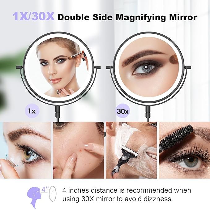 5000mAh Rechargeable Wall Mounted Makeup Mirror - 8 Inch Double Sided 1X/30X Magnifying Mirror with 3 Color Lights Dimmable Touch Screen, 360°Swivel 19.6 Inch Extendable Accordion Bathroom Mirror