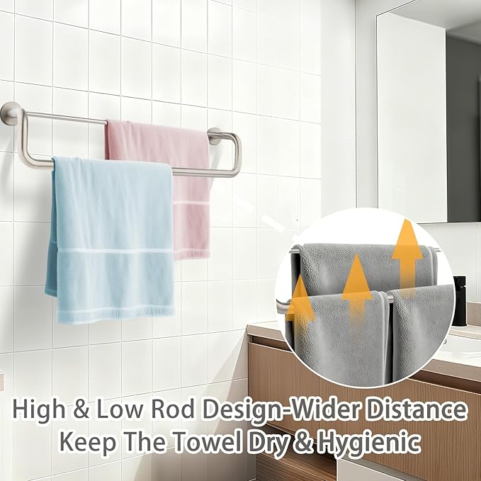 Double Towel Bar,Towel Rack for Bathroom,24 Inch Brushed Steel Towel Holder, Bath Towel Rack for Bathroom Wall Mounted,SUS304 Brushed Stainless Steel,Silver