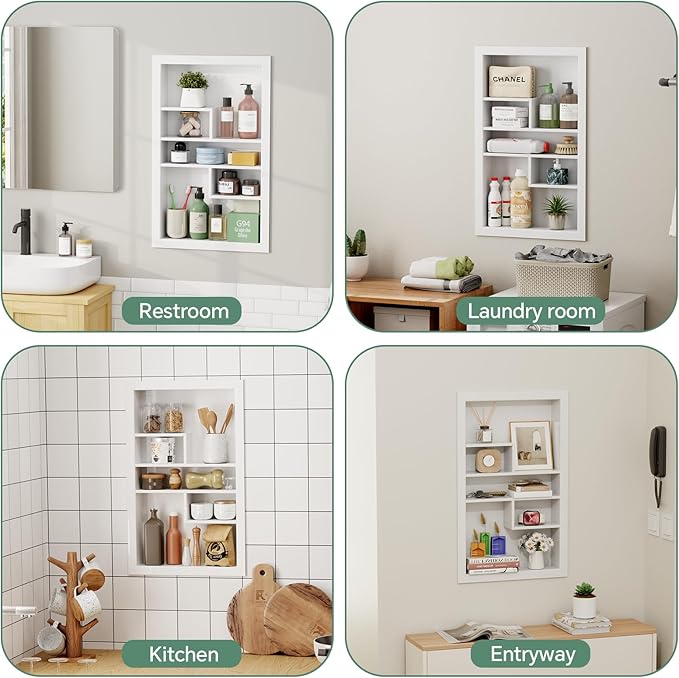 Stainless Steel Recessed Medicine Cabinet 14 * 24, Rust-proof Metal Wall Niche, In Wall Shower Niche Shelf Insert Replacement, Recessed Medicine Cabinets for Drywall, with 5 Compartments, White