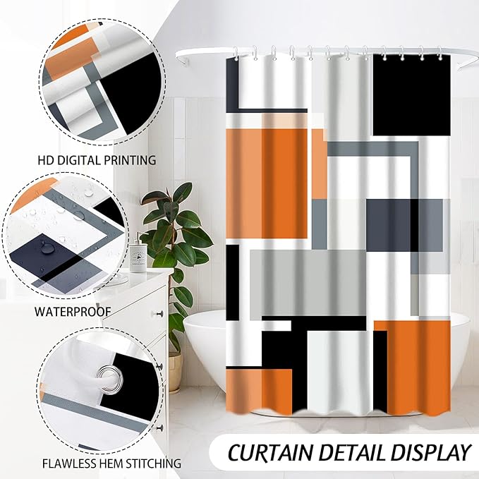 Lnond Orange Bathroom Set, 23-Piece Orange Black Geometric Bathroom Decor Set with with Shower Curtain and Rugs, Trash Can, Toilet Brush Holder Set & Soap Dispenser