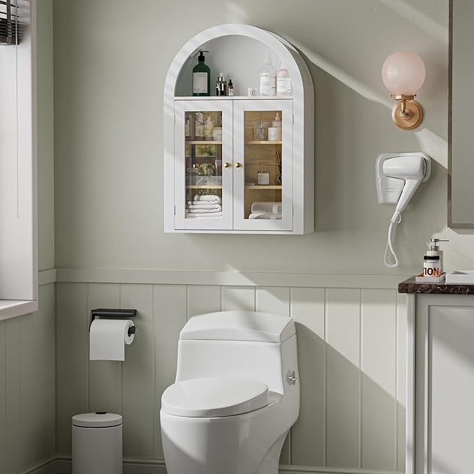 BREEZEHEAT Arched Medicine Cabinet with Glass Doors, Adjustable Shelf, Wall Mounted Bathroom Storage Cabinet Over Toilet, Smooth Glossy White, 23.6''W × 31.5''H
