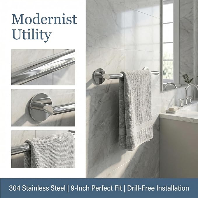 9 Inch Polished Chrome 304 Stainless Steel Towel Hanger for Bathroom - Adhesive & Wall Mount Towel Holder, New Apartment Essentials, Space-Saving Bathroom Furniture for Small Spaces