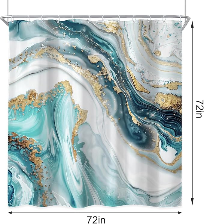 Newsely 4Pcs Teal Fluid Gold Marble Shower Curtain Set with Non-Slip Rugs, Toilet Lid Cover and Bath Mat, Modern Abstract Ocean Shower Curtain with 12 Hooks,Luxury Bath Curtain for Bathroom Decor