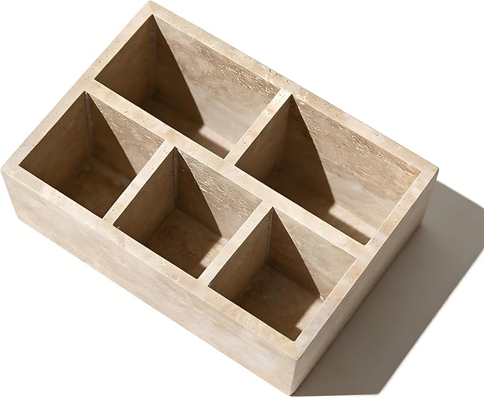 Marble Desk Organizer with 3 Compartments, White and Purple Pattern, Modern Design (Beige-pro)