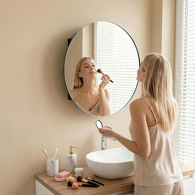 Black Medicine Cabinet Mirror, Wall Mounted Bathroom Vanity with Mirror, 23.2" Round Bathroom Medicine Cabinet with Storage Function, Removable Shelves, Metal, NO Assembly