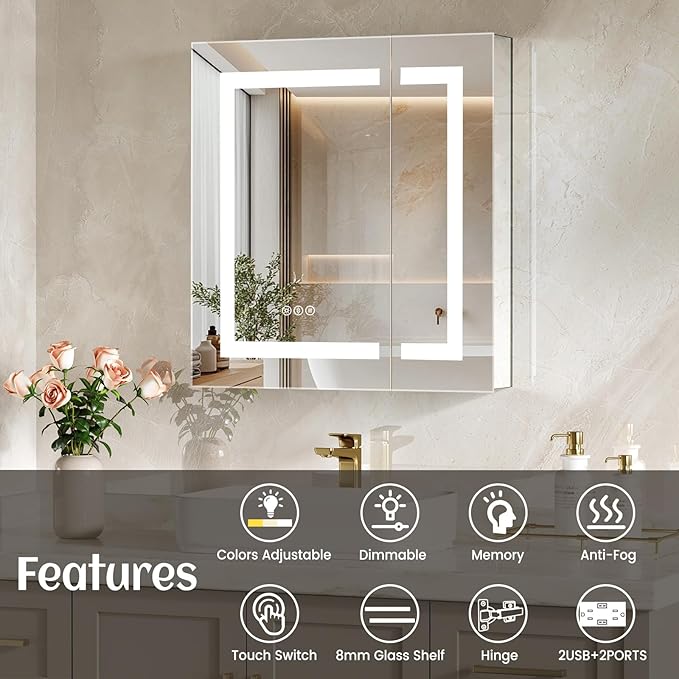 24x26 Inch Bathroom Medicine Cabinet with Mirror, Lighted Bathroom Mirror with Storage, Recessed /Surface Mount Medicine Cabinet with Socket & USB, Anti-Fog, 3 Colors Temperature, Dimmable Light