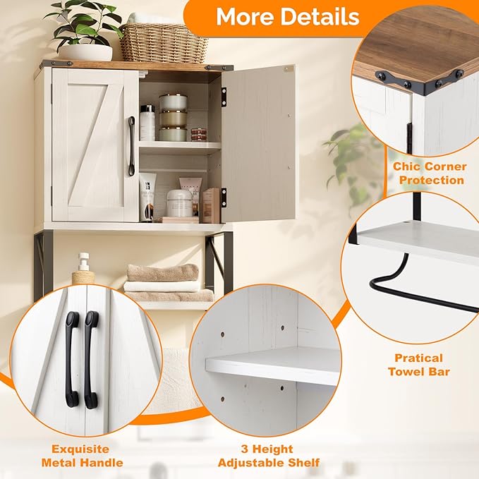 VINGLI Bathroom Wall Cabinet with Towel Bar, Farmhouse Small Medicine Cabinet Wall Mounted, Rustic Wood Over The Toilet Storage Cabinet with Adjustable Shelf for Restroom Kitchen, Vintage White/Brown