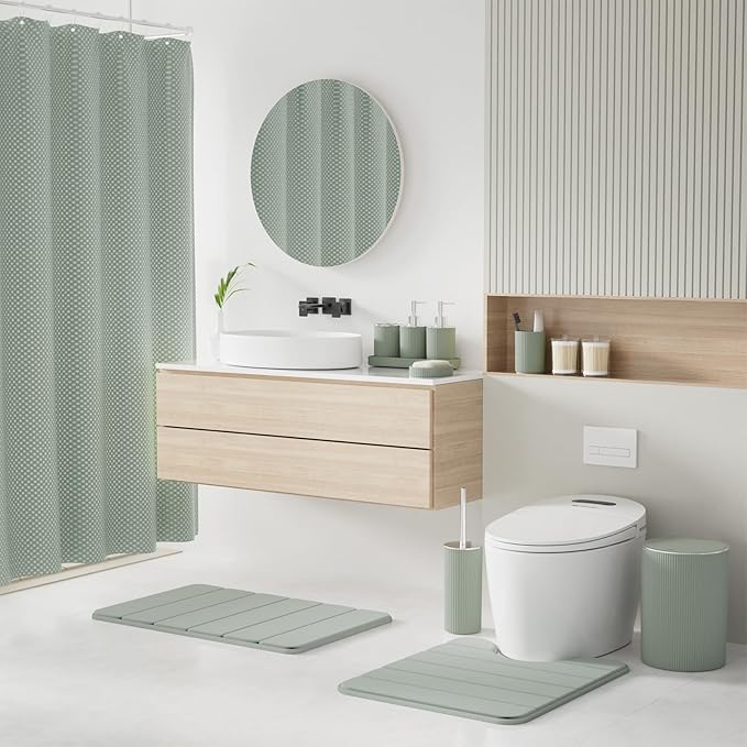 Sage Green Bathroom Accessories Set - Bathroom Sets, 25PC Bath Accessory Set, Bathroom Sets with Push Top Trash Can, Shower Curtain and Rugs, Toilet Brush, Trash Can & Soap Dispenser
