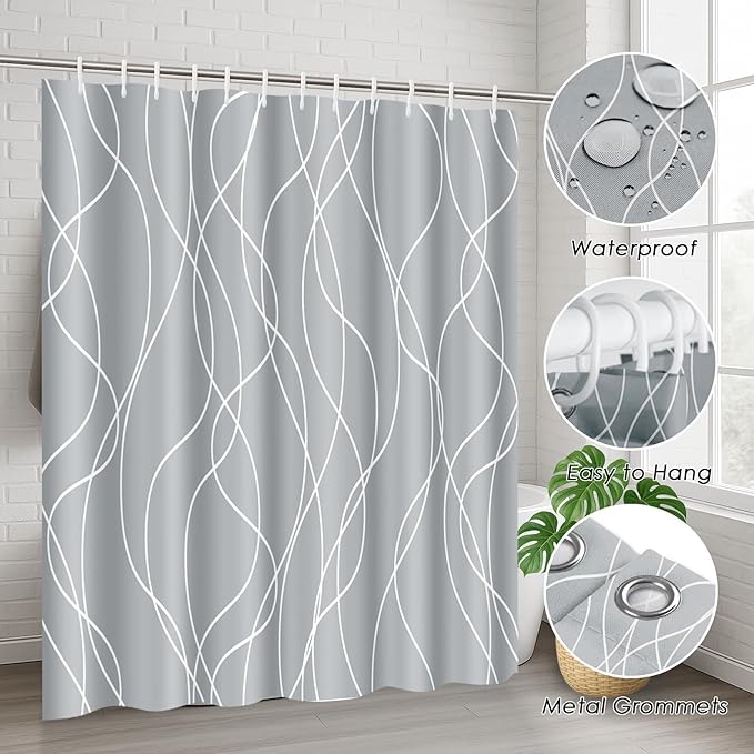 Grey Shower Curtain Set with Toilet Lid Cover and Non-Slip Rugs, White Striped Wavy Lines 4 Pcs Shower Curtain for Bathroom, Gray Modern Simple Abstract Bathroom Decor