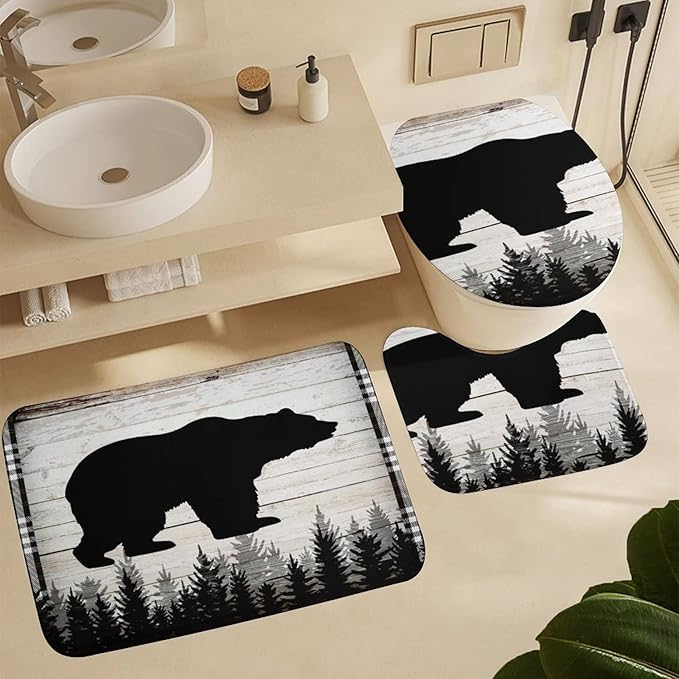Retro Black Bear 4 Piece Shower Curtain Sets, Non-Slip Rugs, Toilet Lid Cover and Bath Mat, Durable and Waterproof, for Bathroom Decor Set One Size