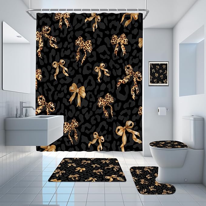 Onalasyc 4Pcs Black Brown Leopard Bow Print Shower Curtain Sets with Rugs, Sexy Modern Black Brown Leopard Bow Waterproof Bathroom Shower Curtain Decor Set with 12 Pcs Hooks,71 x 71in