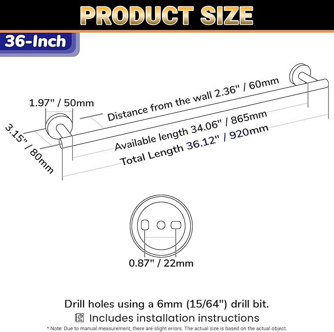 Miyili Matte Black 36" Towel Bar SUS 304 Stainless Steel Towel Holder for Bathroom or Kitchen Wall Mount, A01B90A