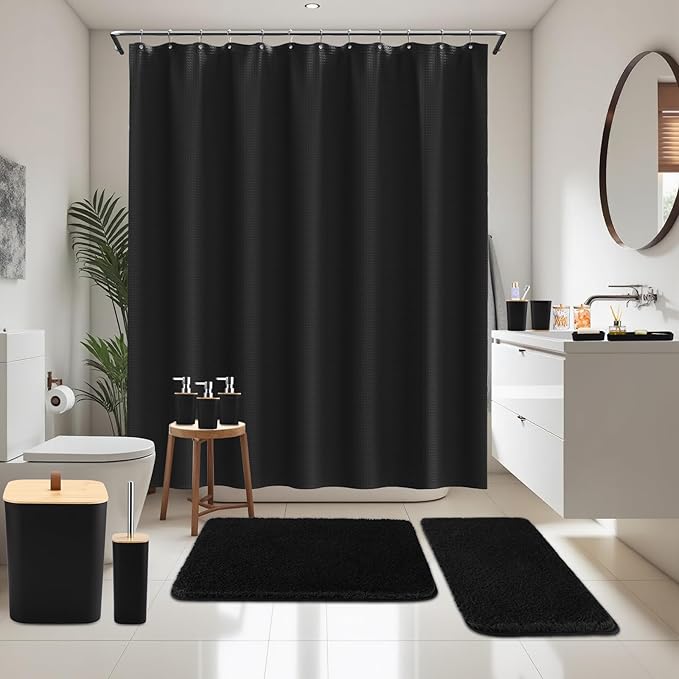 XLHOMO Bathroom Sets with Shower Curtain and Rugs, 27PCS Black Bathroom Accessories Set with Trash Can, Black Shower Curtain Set, No Slip Super Absorbent Bathroom Rugs
