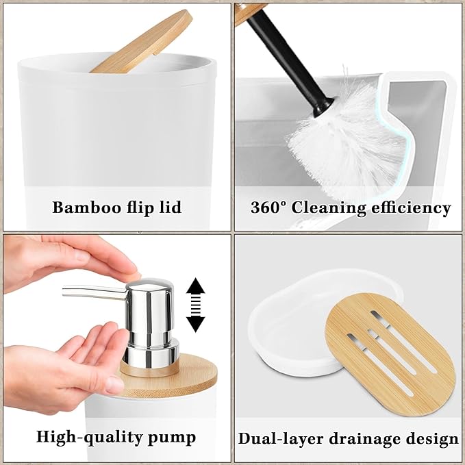 Britimes Bathroom Accessories Sets, White Shower Curtain Set with Trash Can, Soap Dispenser, Toilet Brush Holder, Toothbrush Holder and Toothbrush Cup for Bathroom Decor 72"*72"