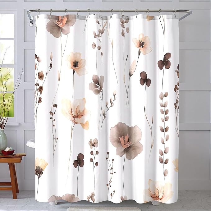 Brown Beige Floral Shower Curtain, Watercolor Flower Shower Curtains for Bathroom, Modern Minimalist Waterproof Fabric Bath Decoration 72x72 Inch