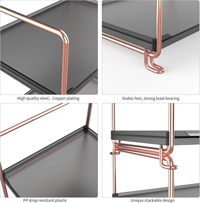 2-Tier Countertop Organizer Cosmetic Storage Rack Vanity Tray Stackable Standing Storage Shelf with Experience Manual(Rose Gold + Black)