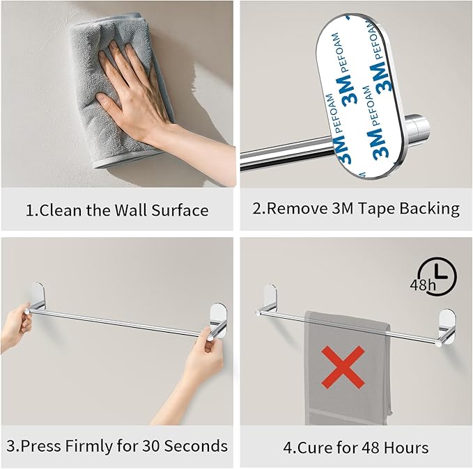 Self Adhesive Towel Bar for Bathroom 24ich Stainless Steel and Zinc Alloy No Drill Towel Rack Heavy Duty Hanger Stick On Hand Towel Holder for Kitchen, Cabinet, Door, Shower, Polished Chrome
