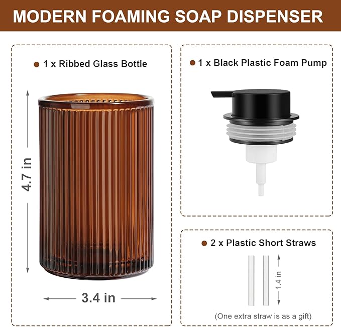 KASUNTING Amber Glass Foaming Soap Dispenser, Ribbed Foam Hand Soap Dispenser for Bathroom, 11 Fl Oz 2 Pack Refillable Foaming Pump Bottle with Black Pump, Modern Dish Soap Foam Dispenser