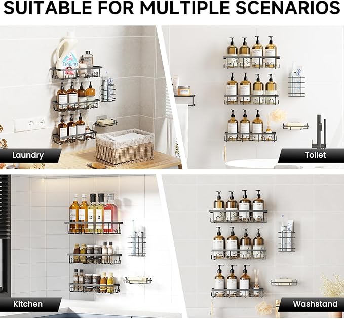 Shower Caddy, 5 Pack Shower Shelves for Inside Bathroom, Rustproof Adhesive Bathroom Organizer with Soap Holder, No Drilling Washroom Organizers and Storage for Bathtub Room/Kitchen/Home, Grey