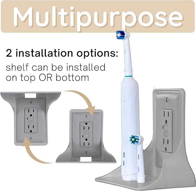 BeraTek Power Perch Wall Outlet Shelf | Declutter & Reclaim Counter Space | Bedroom & Bathroom Organizing Shelves | Alexa Echo Dot Holder, Router Shelf, Holds Electric Toothbrush | Gray, 1-Pack