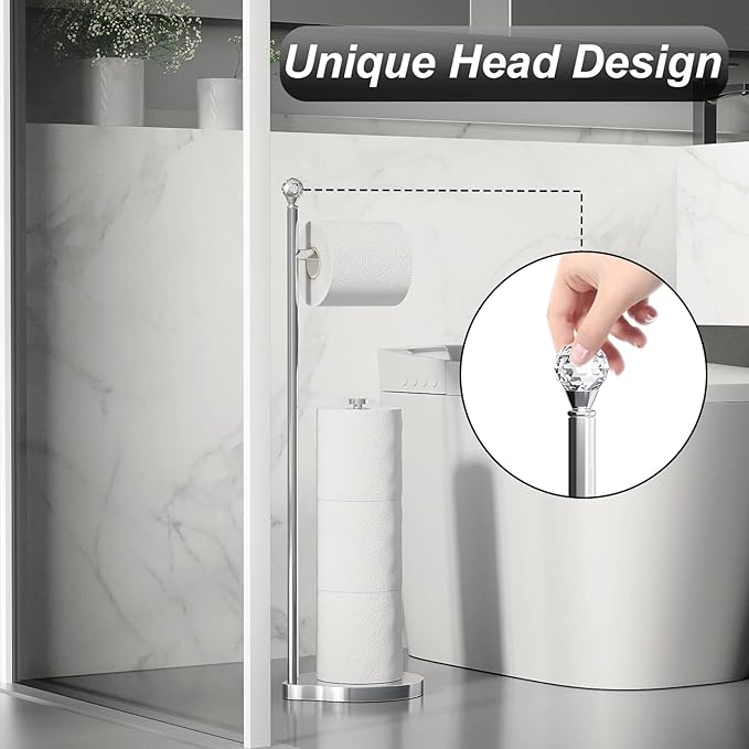 KASUNTO Toilet Paper Holder for Bathroom, Heavy Weighted Metal Free Standing Toilet Paper Storage with Crystal Ball, Toilet Paper Stand for Bathroom Accessories, Polished Chrome [Holds MEGA Rolls]
