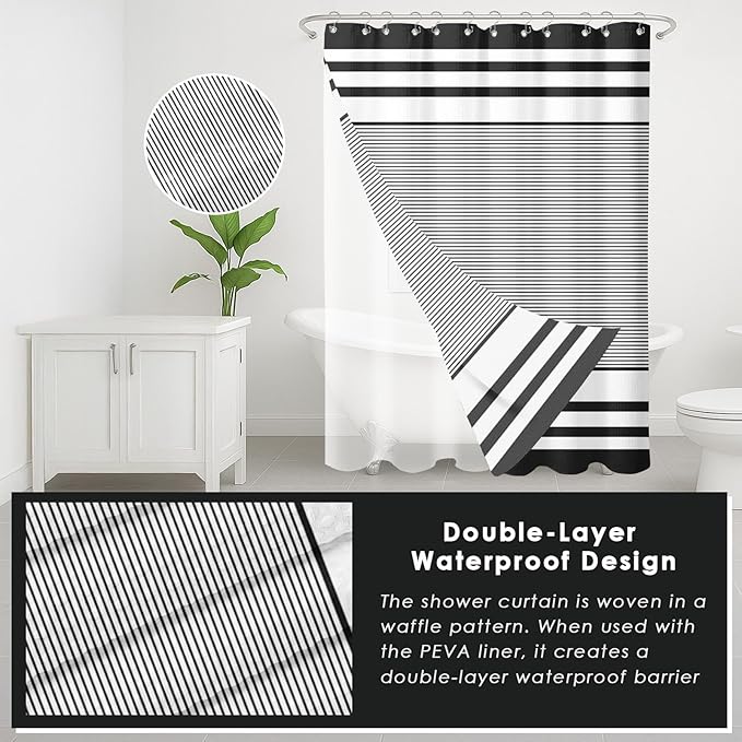 Britimes Black Stripes Bathroom Sets with Shower Curtain and Rugs, Ombre Minimalist Modern Striped Waterproof Shower Curtain Liner and Soft Non Slip Bath Mat for Bathroom Decor and Accessories Hooks