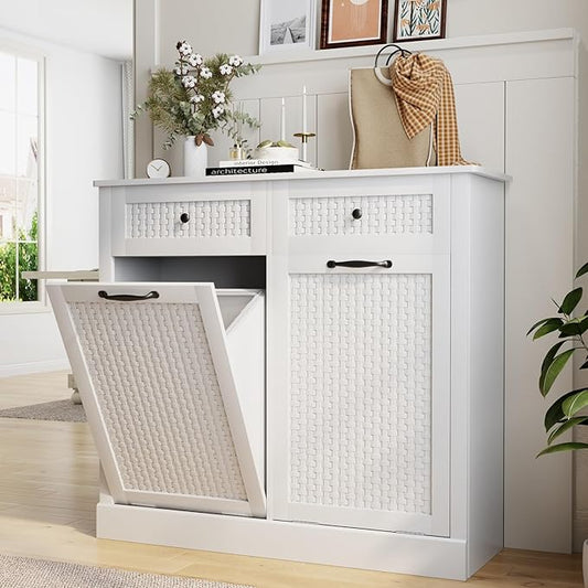 Double Tilt Out Laundry Hamper Cabinet, Rattan-Style Laundry Room Organization with Removable Laundry Basket, Hidden Wood Dirty Clothes Hamper with Drawers, 39" L x 13" W x 35.8" H, White