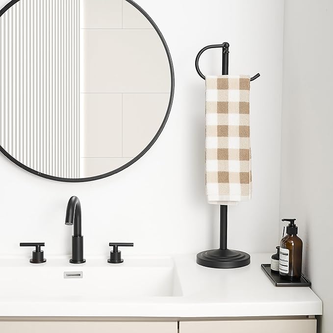RFOUO Hand Towel Holder Stand,Standing Towel Racks for Bathroom,Hand Towel Holder for Bathroom Kitchen Vanity Countertops,Stainless Steel Adjustable Towel Bar 16.5-26 Inch(Matte Black)
