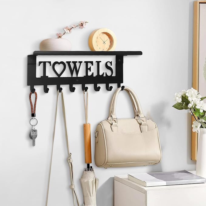 Towel Rack with Shelf 8 Hooks, Bathroom Towel Holder Metal Shelf Organizer, Wall Mounted Storage for Towels, Robes, Clothes in Bathroom, Kitchen, Bedroom,Home