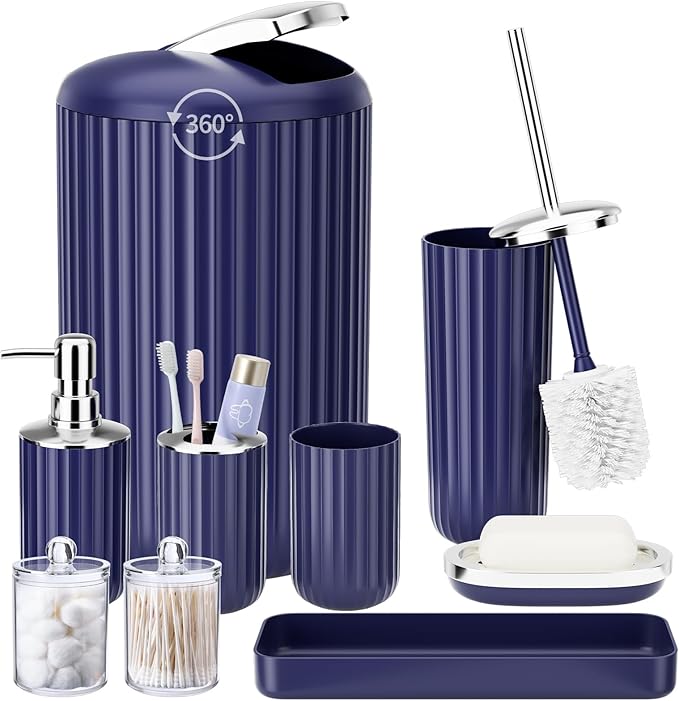 XLHOMO 9PCS Nave Blue Bathroom Accessories Set Complete with Trash Can, Vanity Tray, Soap Dispenser, Soap Dish, Toothbrush Holder, Toothbrush Cup, Toilet Brush and Qtip Holders