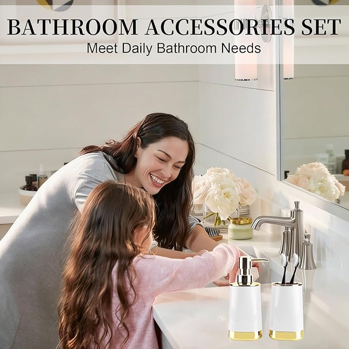 Bathroom Accessories Set, 2Piece White and Gold Bathroom Accessories Include Soap Dispenser and Toothbrush Holder for Modern Bathroom Decor