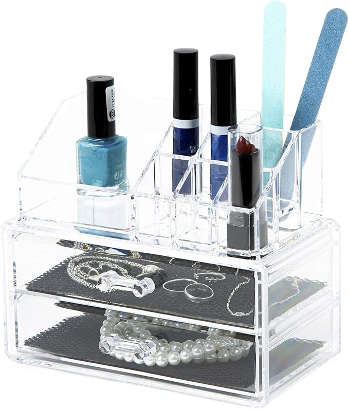 Compactor Make-up and Jewellery Storage Box, With 2 Drawers, Transparent, Polystyrene, Fabric Lining, 18.8 x 11.7 x H. 15.8 cm, RAN5048