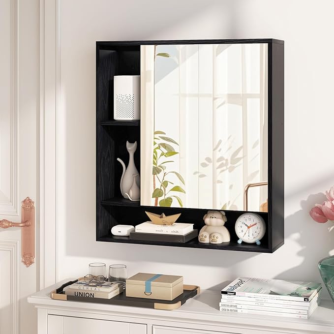 Giantex Bathroom Medicine Cabinet with Mirror, Wall Mounted Medicine Cabinet w/Single Door, 3 Open Shelves & Adjustable Shelf, Space-Saving Hanging Storage Cabinet for Living Room, Hallway (Black)