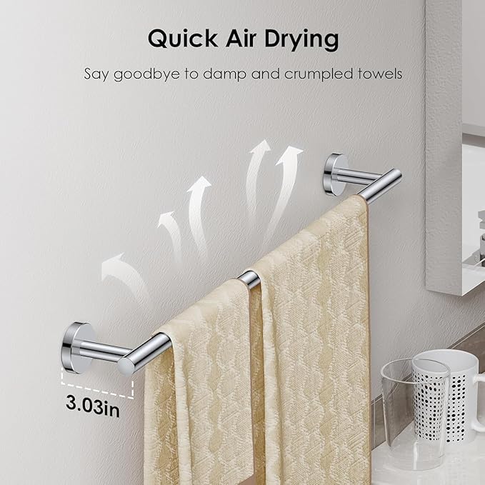 FORIOUS Bathroom Hardware Accessories Set, SUS304 Stainless Steel 24 Inch Towel Bar Set Wall Mounted, Modern Toilet Paper Holder with Shelf for Bathroom, 5 Pieces, Chrome