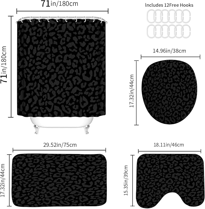 Onalasyc 4 Pcs Cheetah Shower Curtain,Black Leopard Animal Print Bathroom Sets,Cheetah Bathroom Decor Set with Shower Curtain and Rugs,Bathroom Sets Complete,Set de baño,with 12 Pcs Hook