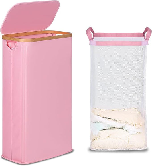 efluky Slim Laundry Basket with Lid, Narrow Laundry Hamper with Removable Bag, Skinny Dirty Clothes Basket with Bamboo Handles for Bathroom, Bedroom & Laundry Room, 63L Pink