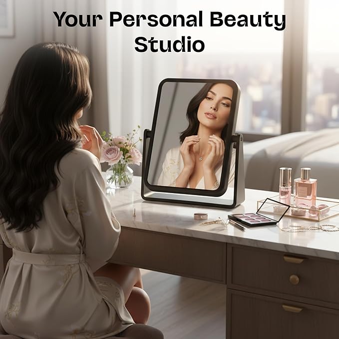 Danielle Creations Rectangle Soft Touch Vanity Mirror, Black, 1x/7x Magnifying Makeup Mirror with Stand, Portable Tabletop Bathroom or Desk Mirror