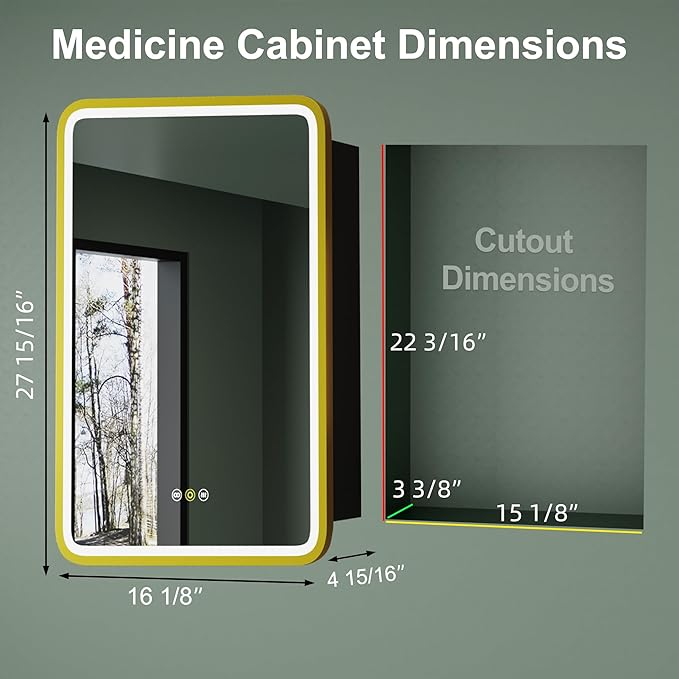 Medicine Cabinet with LED Lights and Mirror, 16W x 28H Inch Wall or Recessed Mounted Bathroom Cabinet with Left Hinge, Storage Shelf, Defogger, Memory Function, 3-Color Mode, Dimmer, Gold
