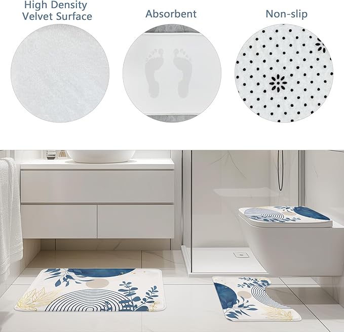 Riyidecor Boho Light Blue 4Pcs Bathroom Shower Curtain Sets Mid Century Minimalist Abstract Modern Bathroom Decor Set with Rugs and Accessories Leaf Toilet Lid Rug, Contour and Bath Mat with 12 Hooks