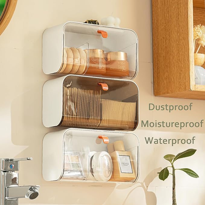 SUNFICON Wall Mounted Cotton Pads Holder Organizer Cotton Swab Balls Holder Q-tip Dispenser Qtip Storage Canister Cosmetic Pads Container Flossers Box Case Crystal Brown