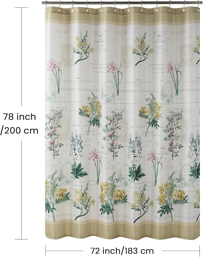 Long Fabric Shower Curtain, Country Vintage Floral Shower Curtain, Gold and Green Flower Shower Curtains for Bathroom, Waterproof Bathroom Curtains, 72" W x 78" H