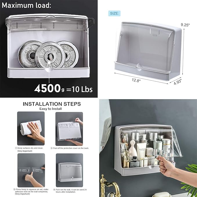 Cosmetic Organizer for Bathroom, No Drilling Wall Mount Makeup Organizer Dustproof & Waterproof Cosmetics Display Cases,Makeup Storage Box,Perfume rack,Kitchen Spice Rack, Clear-Gray White