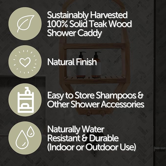 NORDIC STYLE TEAK Wood Natural Hanging Shower Caddy with Storage Shelves, Water Resistant, Easy to Place, Solid Teak Wood, Shower Accessory (Natural Víður)