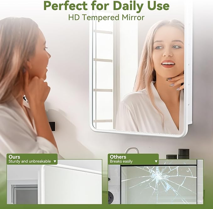 17 x 27 White Bathroom Medicine Cabinet with Mirror Metal Frame Recessed Or Wall Mounted Single Door Storage Medicine Cabinets with Adjustable Shelves Rounded Corner