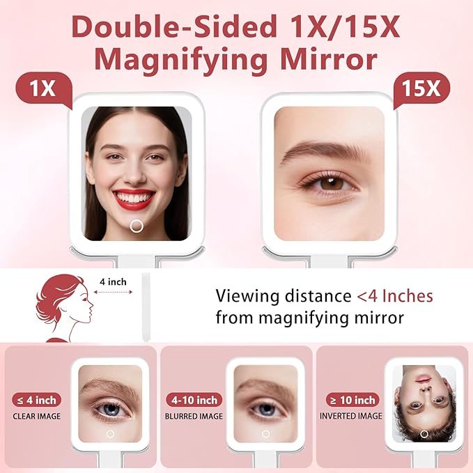 DECLUTTR Travel Makeup Mirror with Lights, Rechargeable 15X/1X Double-Sided Magnifying Mirror with 3 Color Lights, Brightness Adjustable, Portable Handheld Mirror Tabletop, Gift for Women