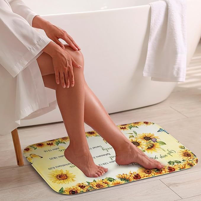 4 PCS Bathroom Shower Curtain Sets Sunflower Bathroom Set Yellow Shower Curtain with Rugs and Toilet Lid Cover Encouraging Bible Verse Floral Bathroom Decor Set Accessories