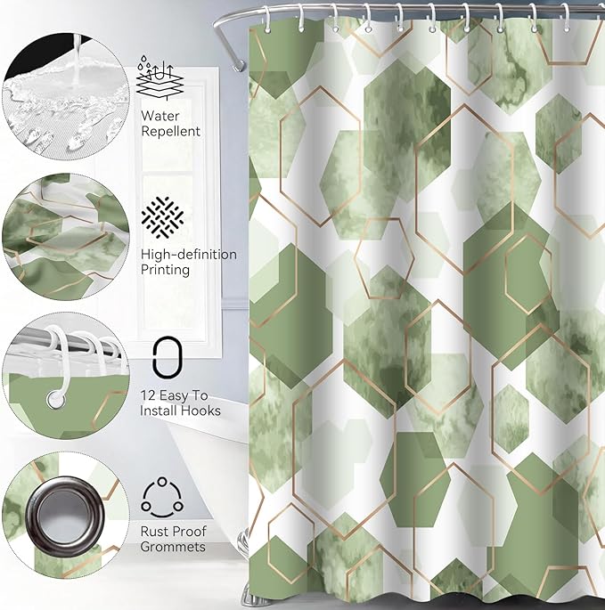Muuyi 4Pcs Sage Green Geometric Shower Curtain Set, Neutral Modern Art Deco Shower Curtain with Hooks, Elegant Trendy Simple Bathroom Sets with Shower Curtain and Rugs, 71 * 71in