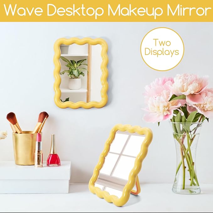 Philbinden Cute Wave-Shaped Desk Vanity Makeup Mirror, Portable Folding Travel Make Up Mirror for Standing/Hanging, Home Decorations Mirror for Women Girls (1, Yellow)
